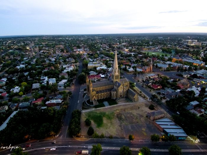 Bendigo cathedral sunrise drone
