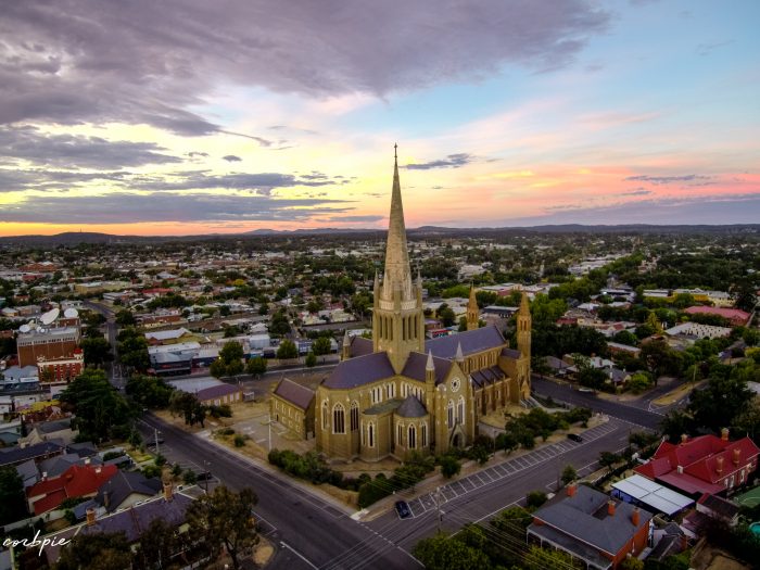 Bendigo cathedral sunrise drone