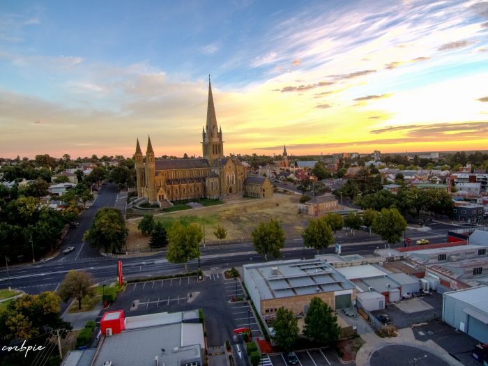 Bendigo cathedral sunrise drone