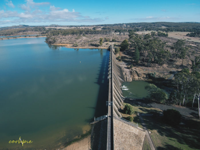 Lauriston reservoir dam wall drone 2019
