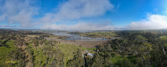Lake Eppalock dam wall pano drone 2