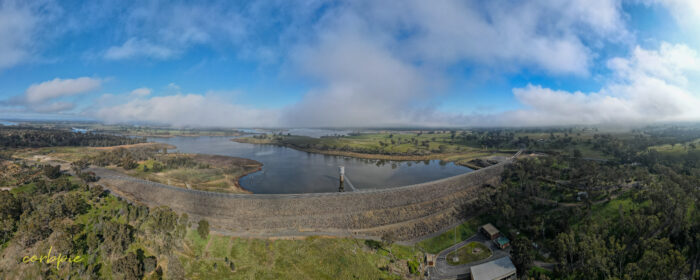 Lake Eppalock dam wall pano drone