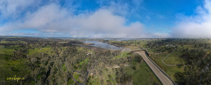 Lake Eppalock dam wall spillway pano drone 2