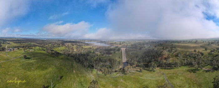 Lake Eppalock dam wall spillway pano drone