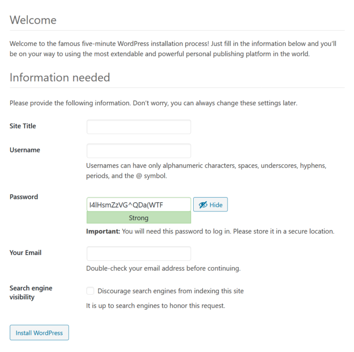 WordPress setup account information