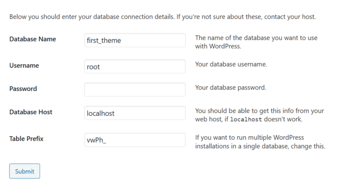 WordPress setup database details