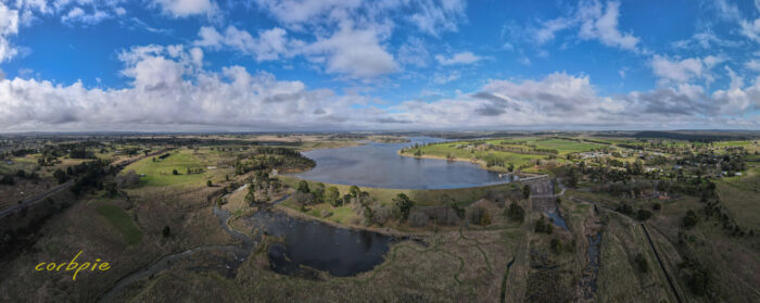 Malmsbury reservoir spilling over drone pano