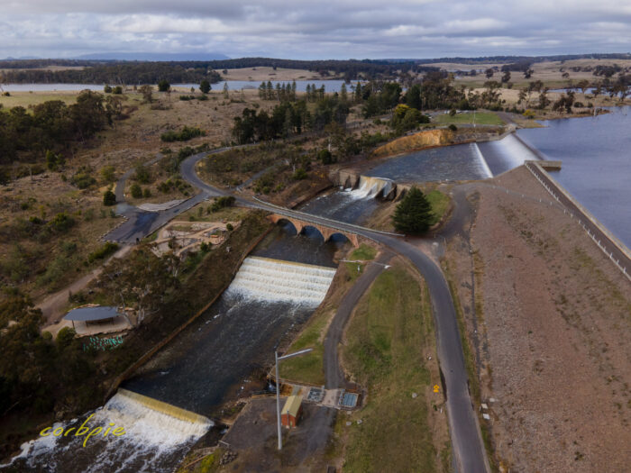 Upper Coliban Reservoir overflowing drone 1