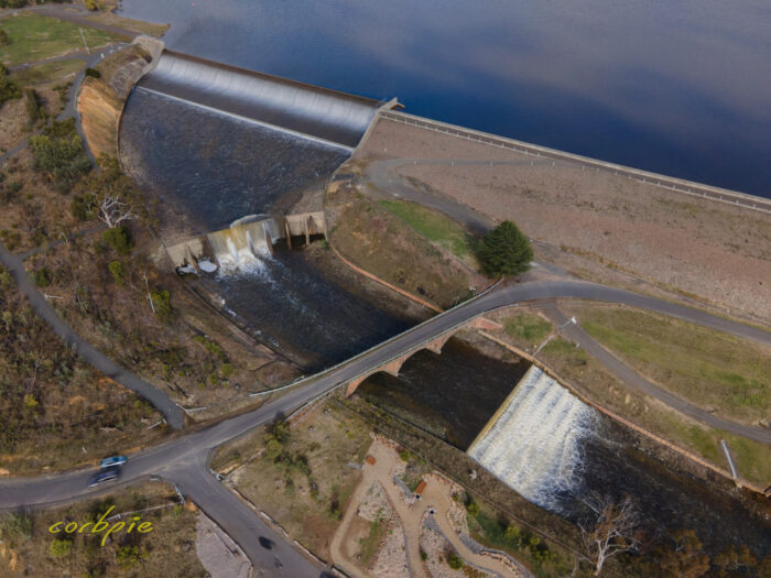Upper Coliban Reservoir overflowing drone 14
