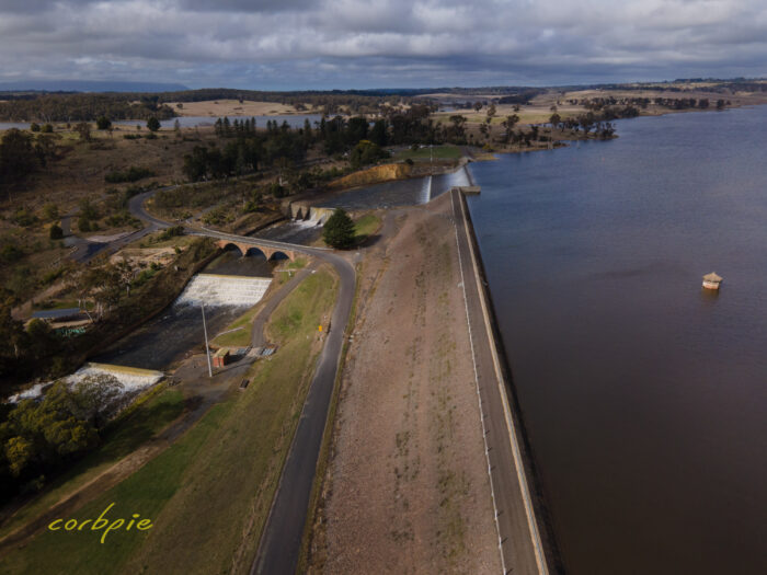 Upper Coliban Reservoir overflowing drone 15