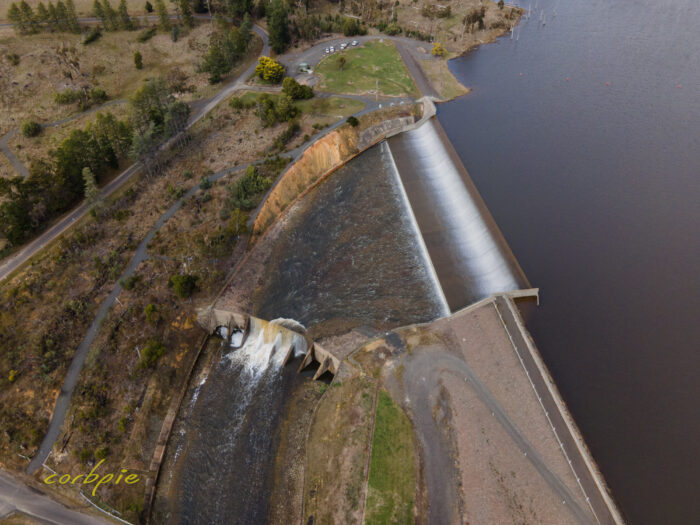 Upper Coliban Reservoir overflowing drone 2