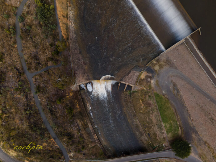 Upper Coliban Reservoir overflowing drone 3