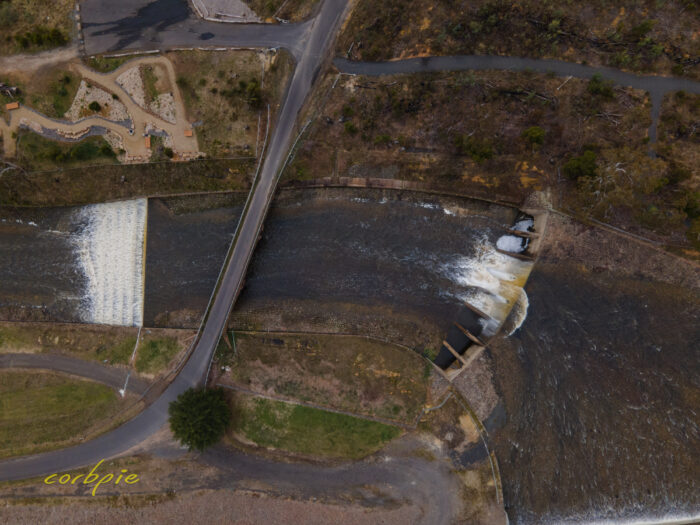 Upper Coliban Reservoir overflowing drone 4