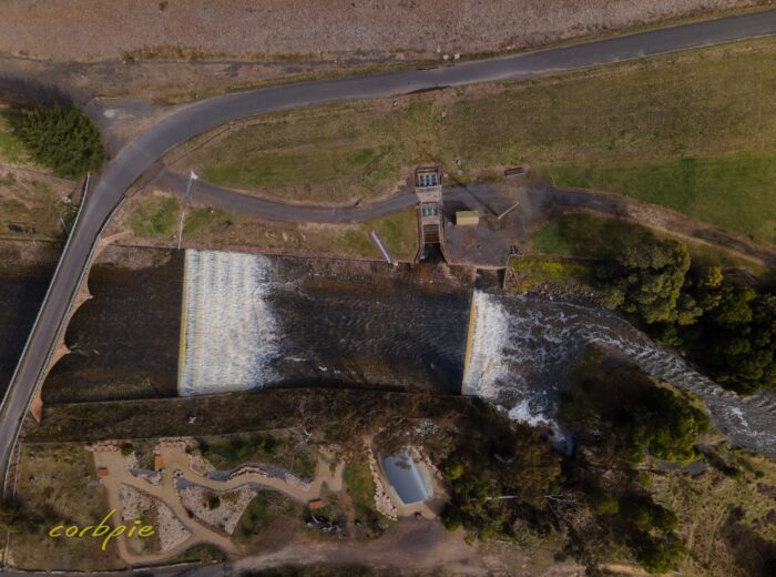 Upper Coliban Reservoir overflowing drone 8