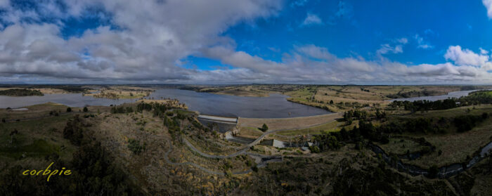 Upper Coliban Reservoir overflowing drone pano 1
