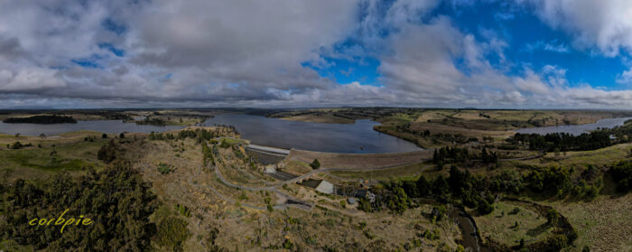 Upper Coliban Reservoir overflowing drone pano 2