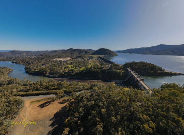 Lake Eildon dam outlet drone wide